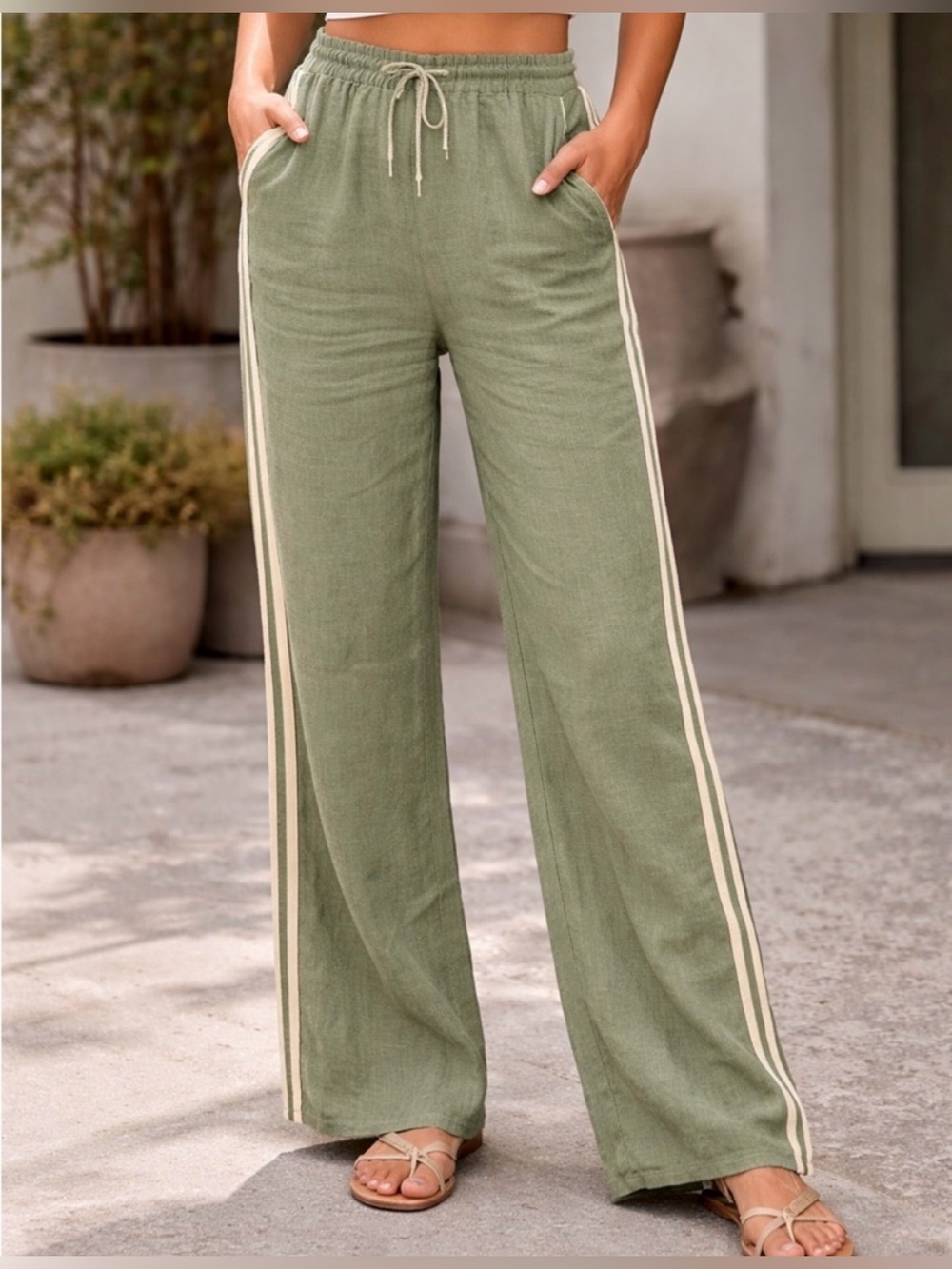 Sienna Sky Wide Leg Olive Drawstring Track Pants Side Stripes Size Large EUC
